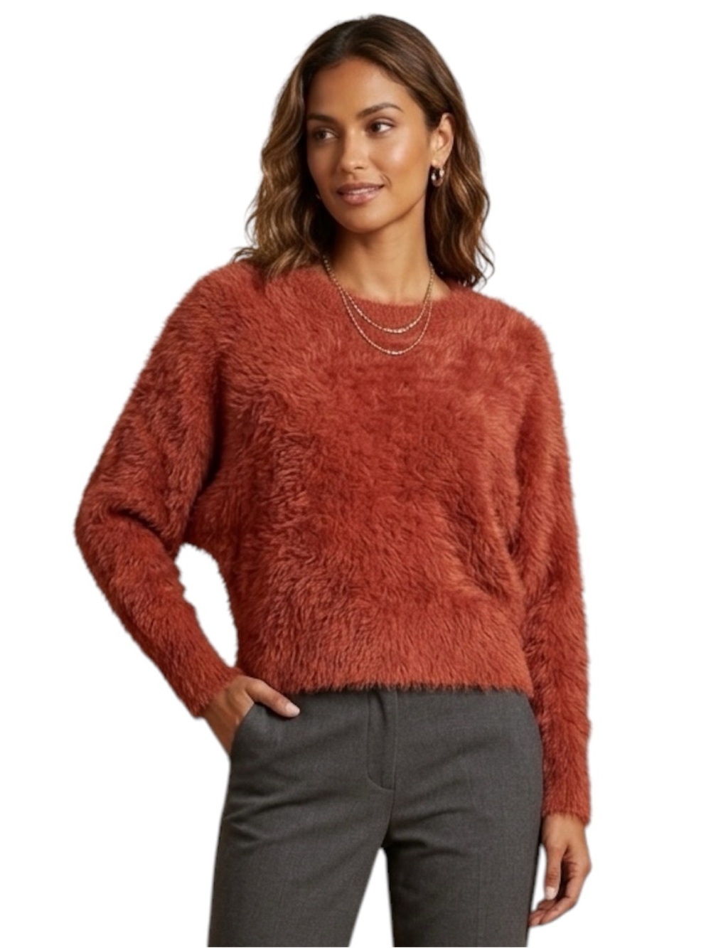 Jessica Simpson Rust Textured Fuzzy Dolman Sleeve Oversized Sweater Size Medium